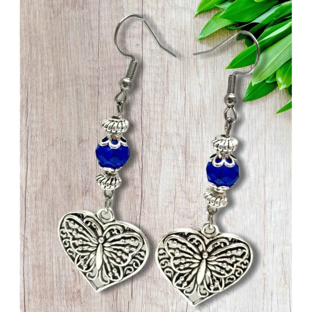 Filigree Butterfly Heart Dangle Blue Glass Bead